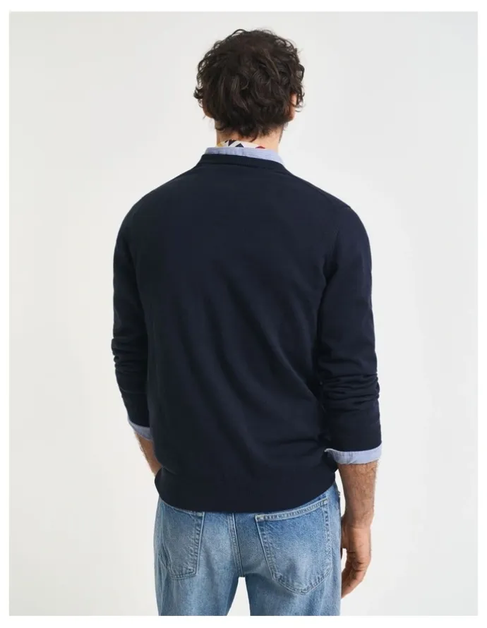 Gant Classic Cotton V-Neck Knitwear in Evening Blue