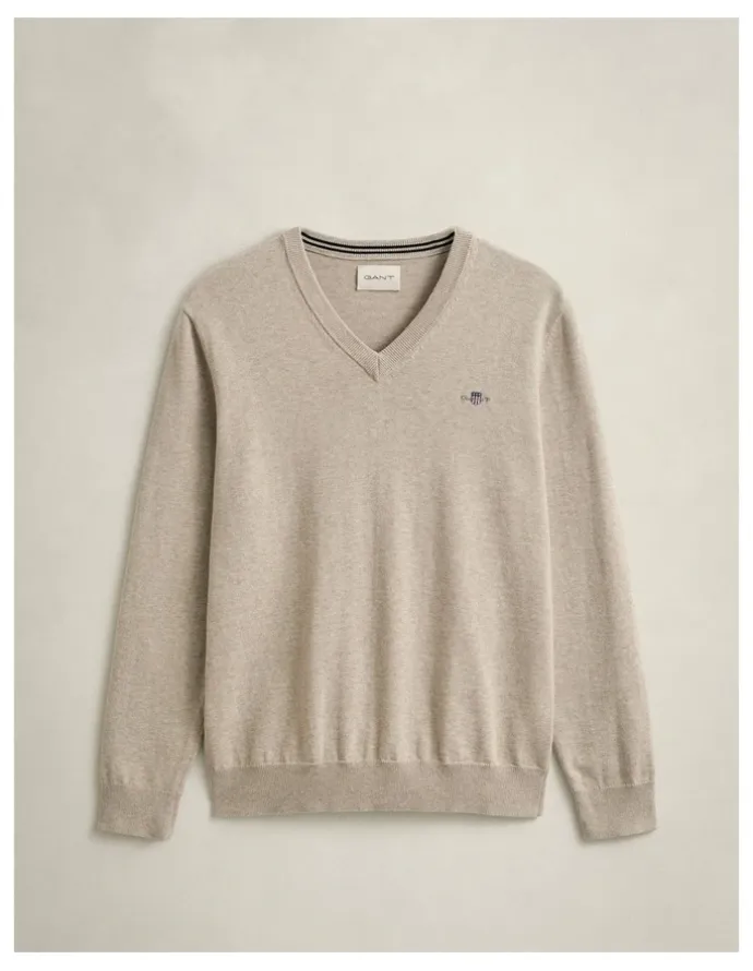 Gant Classic Cotton V-Neck Sweater in Oat Melange