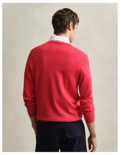 Gant Classic Cotton V-Neck Sweater in Rose Red