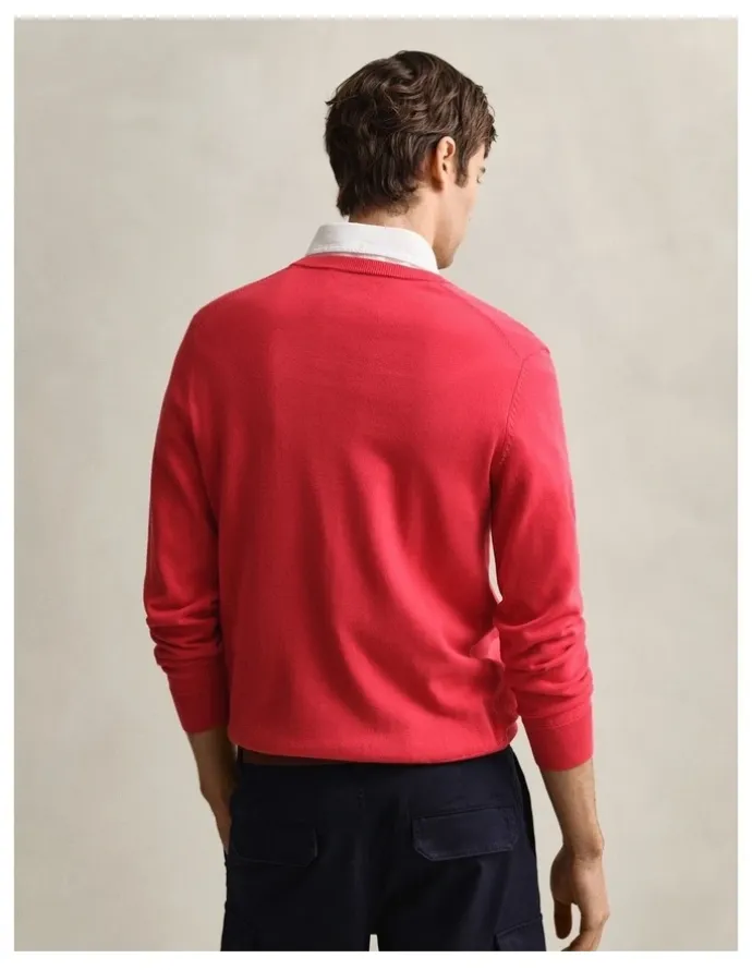 Gant Classic Cotton V-Neck Sweater in Rose Red