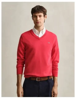 Gant Classic Cotton V-Neck Sweater in Rose Red