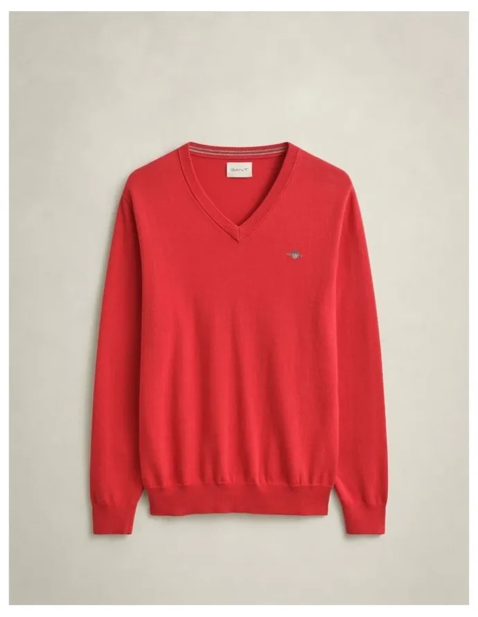 Gant Classic Cotton V-Neck Sweater in Rose Red