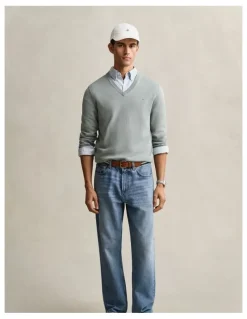 Gant Classic Cotton V-Neck Sweater in Ceramic Grey