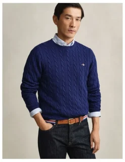 Gant Cotton Cable Crewneck in Rich Navy