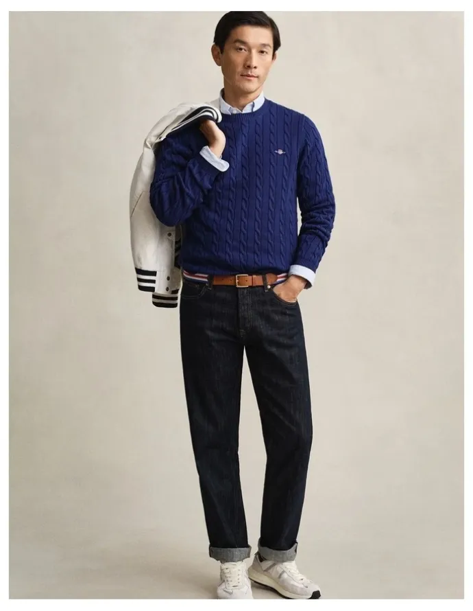 Gant Cotton Cable Crewneck in Rich Navy