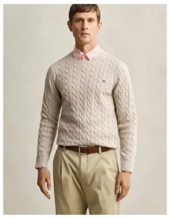 Gant Cotton Cable Crewneck in Oat Melange