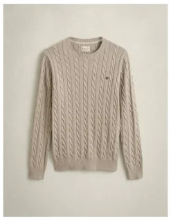 Gant Cotton Cable Crewneck in Oat Melange