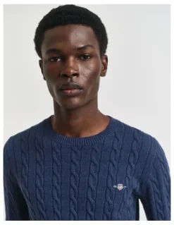 Gant Cotton Cable Crew Neck Knit in Dark Jeansblue Melange