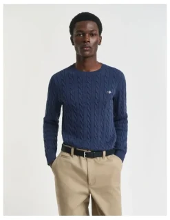 Gant Cotton Cable Crew Neck Knit in Dark Jeansblue Melange