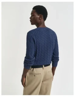 Gant Cotton Cable Crew Neck Knit in Dark Jeansblue Melange