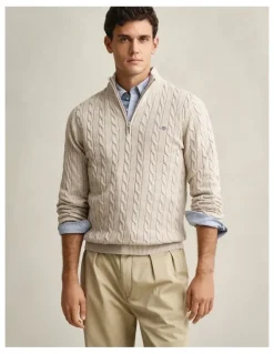 Gant Cotton Cable Half Zip in Oat Melange
