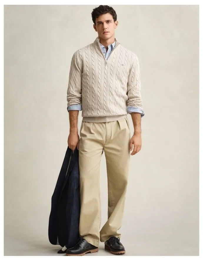 Gant Cotton Cable Half Zip in Oat Melange