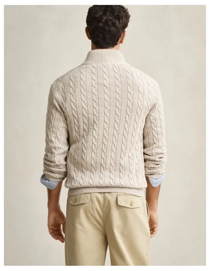 Gant Cotton Cable Half Zip in Oat Melange
