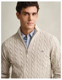 Gant Cotton Cable Half Zip in Oat Melange