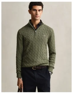 Gant Cotton Cable Half Zip Knit Sweater in Dry Herb Green