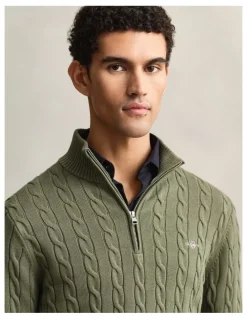 Gant Cotton Cable Half Zip Knit Sweater in Dry Herb Green