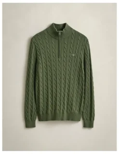 Gant Cotton Cable Half Zip Knit Sweater in Dry Herb Green