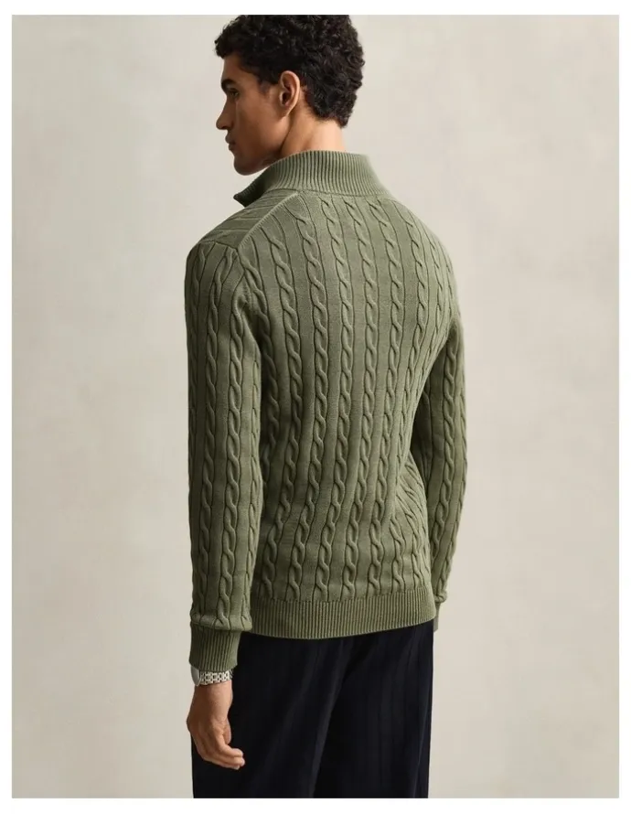 Gant Cotton Cable Half Zip Knit Sweater in Dry Herb Green