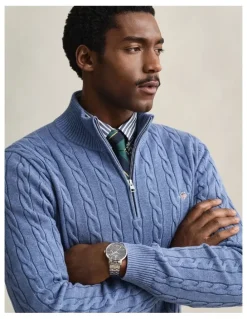 Gant Cotton Cable Half Zip Knit Sweater in Denim Blue Melange