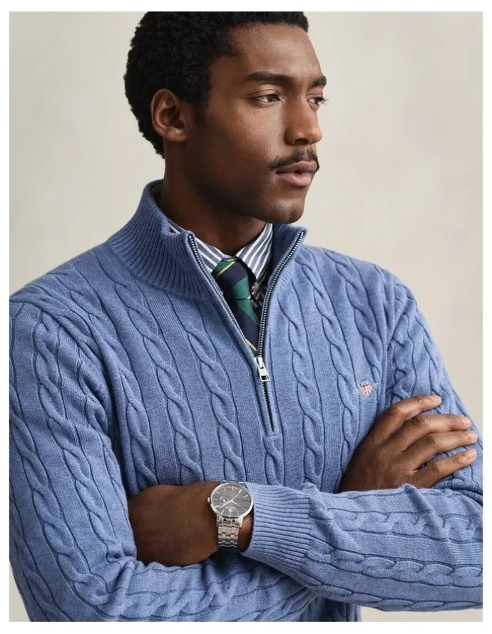 Gant Cotton Cable Half Zip Knit Sweater in Denim Blue Melange