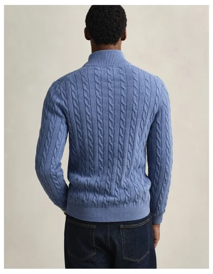 Gant Cotton Cable Half Zip Knit Sweater in Denim Blue Melange