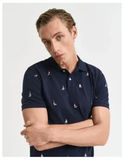 Gant Embroidered Boat Graphic Polo Shirt in Evening Blue