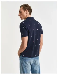 Gant Embroidered Boat Graphic Polo Shirt in Evening Blue