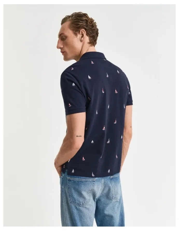 Gant Embroidered Boat Graphic Polo Shirt in Evening Blue
