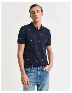 Gant Embroidered Boat Graphic Polo Shirt in Evening Blue