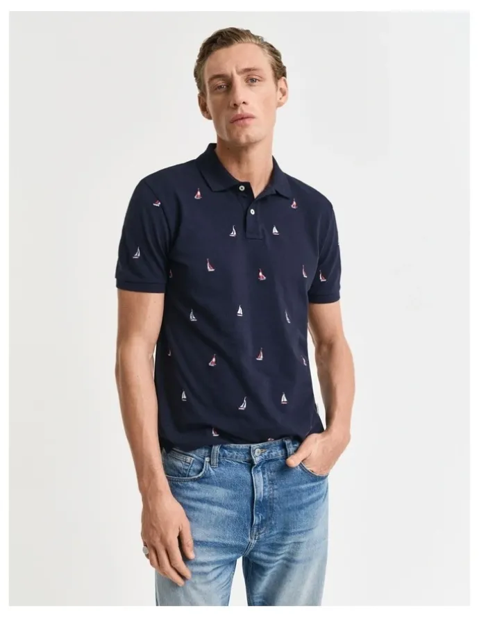 Gant Embroidered Boat Graphic Polo Shirt in Evening Blue