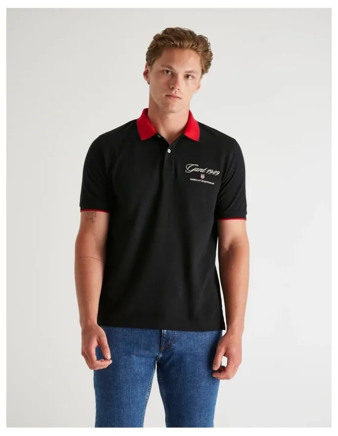 Gant Graphic Pique Polo Shirts in Black