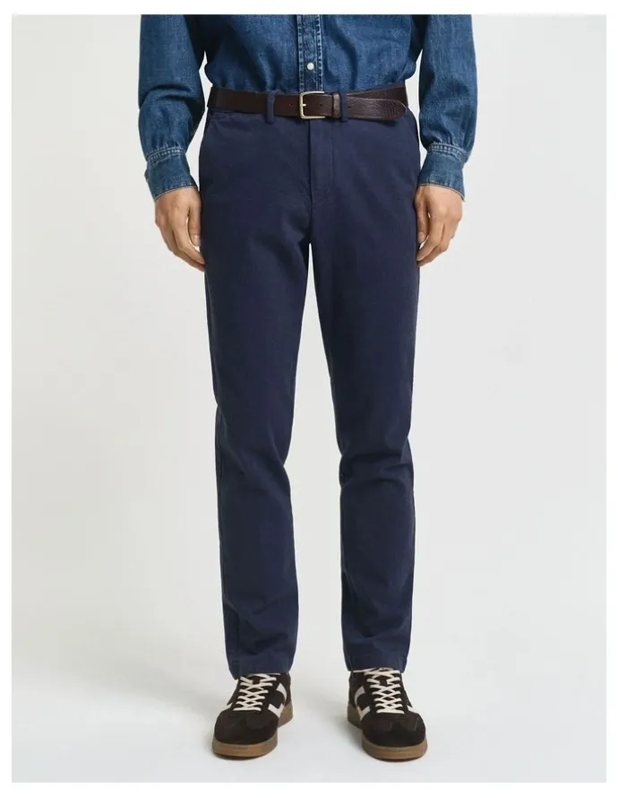 Gant Slim Fit Cotton Herringbone Pants in Evening Blue
