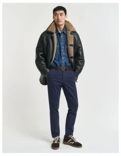 Gant Slim Fit Cotton Herringbone Pants in Evening Blue