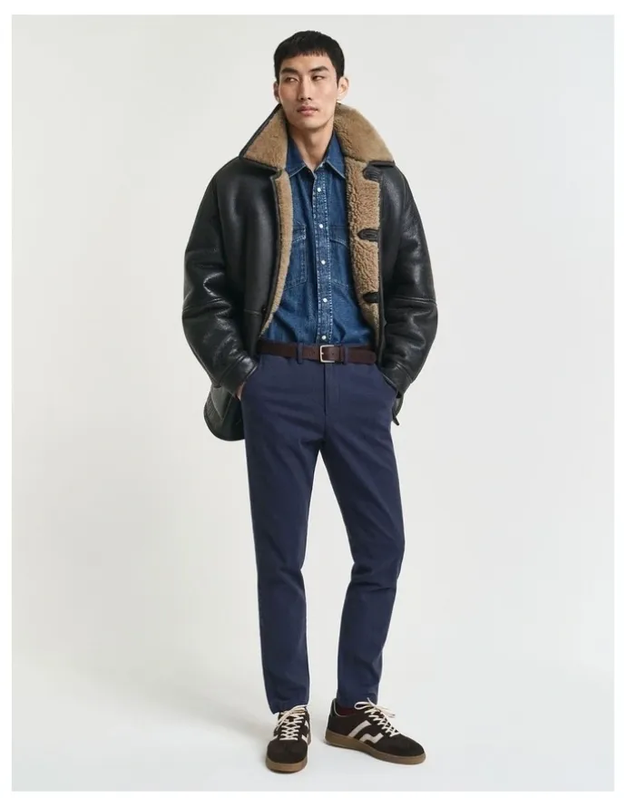 Gant Slim Fit Cotton Herringbone Pants in Evening Blue