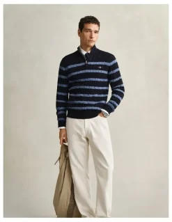 Gant Striped Cotton Cable Knit Half-Zip Sweater in Evening Blue