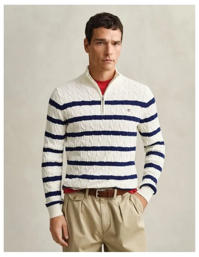 Gant Striped Cotton Cable Knit Half-Zip Sweater in Cream