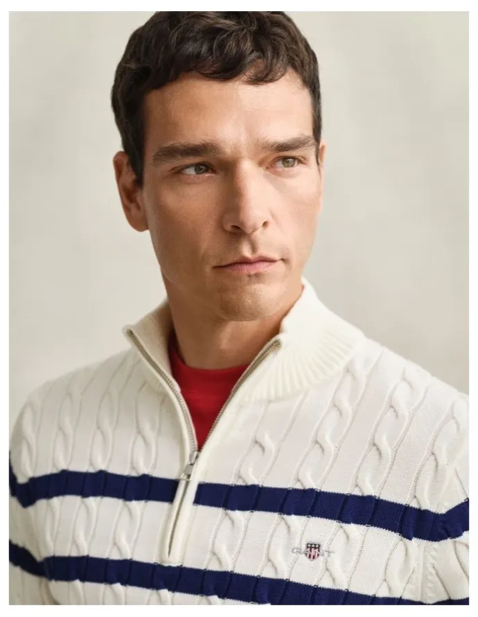 Gant Striped Cotton Cable Knit Half-Zip Sweater in Cream