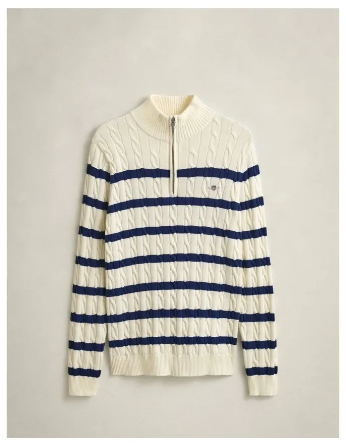 Gant Striped Cotton Cable Knit Half-Zip Sweater in Cream