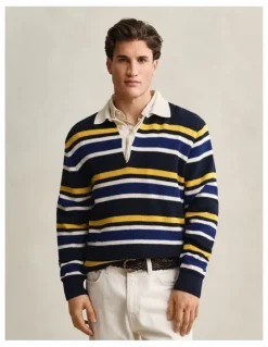 Gant Striped Rib Polo Sweater in Evening Blue