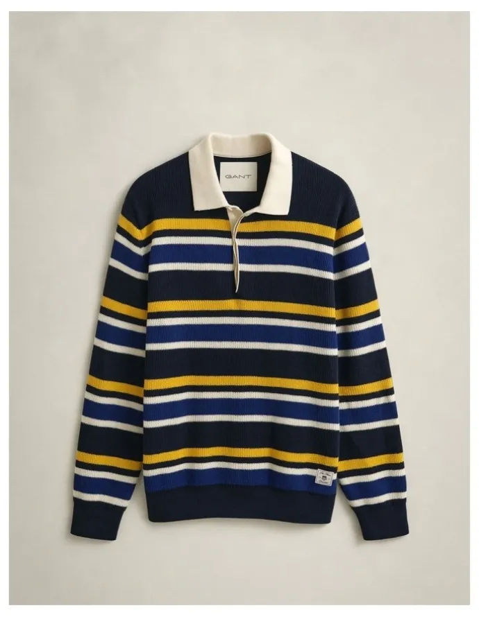 Gant Striped Rib Polo Sweater in Evening Blue