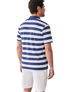 GAZMAN Block Stripe Pique Polo in Navy