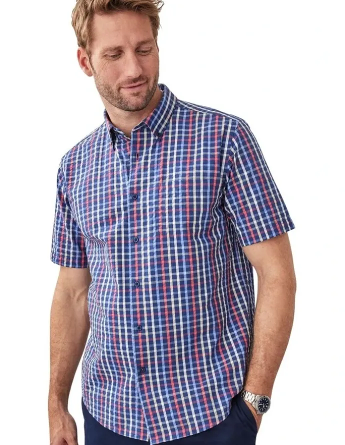 GAZMAN Casual Seersucker Check Short Sleeve Shirt in Navy