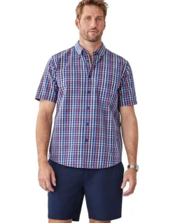 GAZMAN Casual Seersucker Check Short Sleeve Shirt in Navy