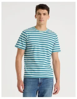 Grab Crew Neck Stripe T-Shirt in Dusty Blue