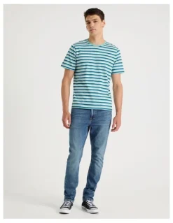 Grab Crew Neck Stripe T-Shirt in Dusty Blue