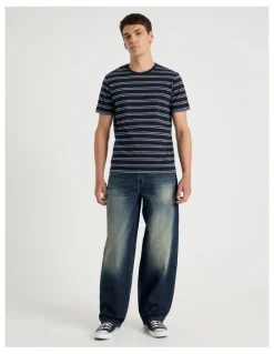 Grab Crew Neck Stripe T-Shirt in Navy