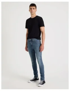 Grab Long Skinny At Waist Jeans in Mid Blues