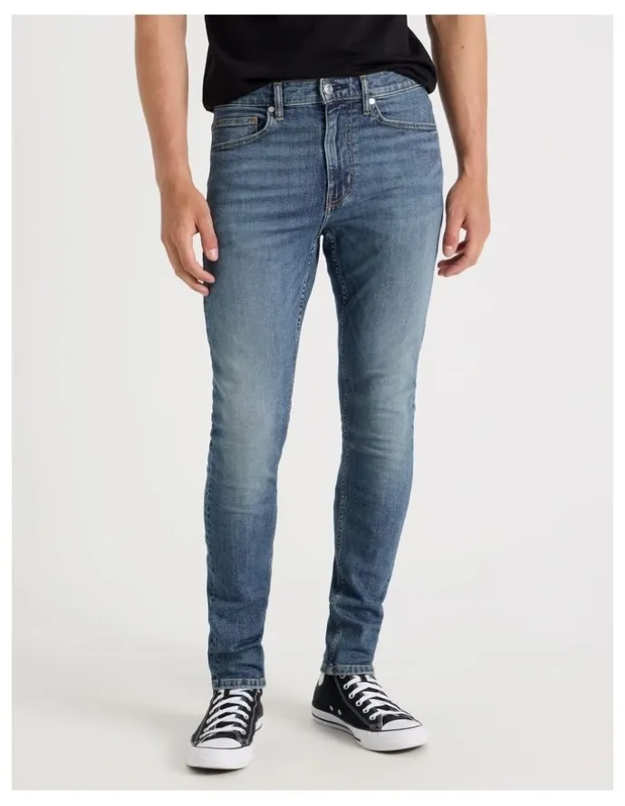 Grab Long Skinny At Waist Jeans in Mid Blues