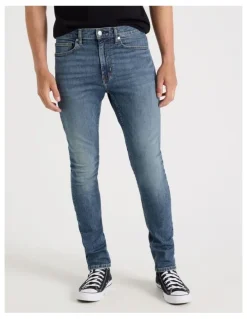 Grab Long Skinny At Waist Jeans in Mid Blues