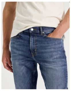 Grab Long Slim Tapered Crosshatch Jeans in Mid Blues